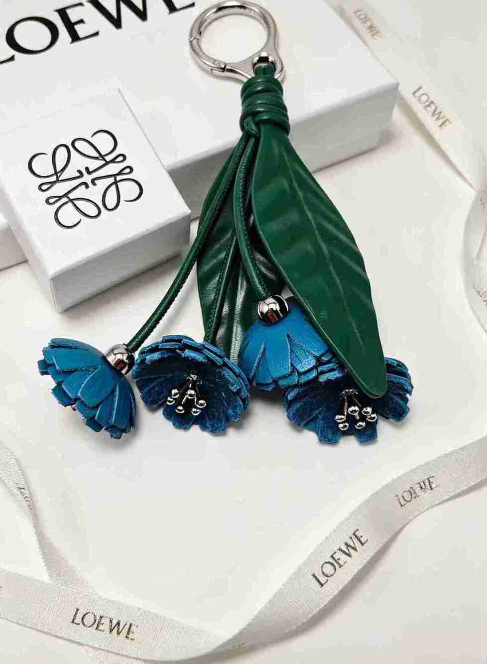 Loewe Inspired Blue Bell Flower Leather Bag Charm Floral Pendant Keychain